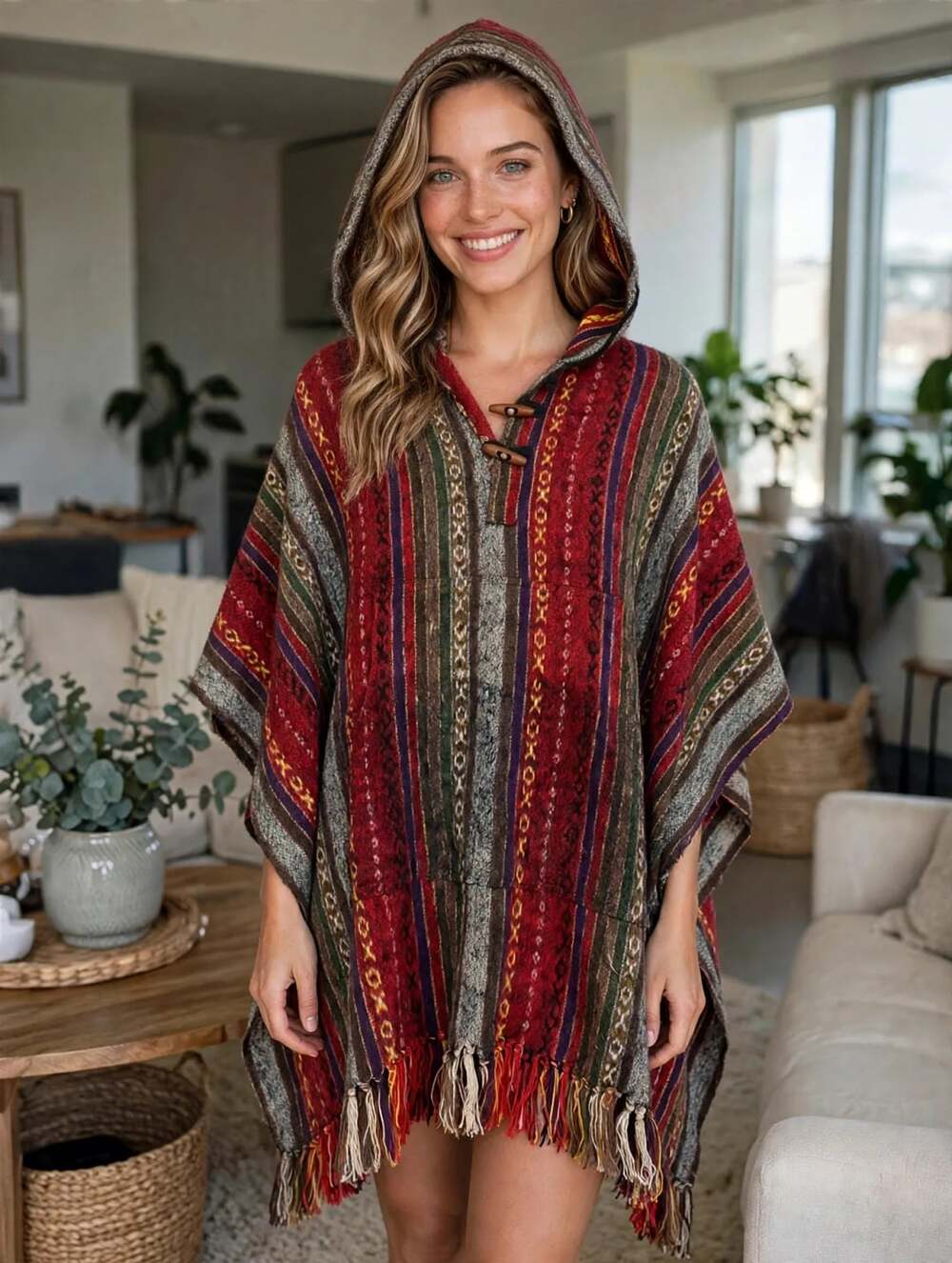 Kathmandu Imports Hooded Poncho Striped Cotton Multicolor